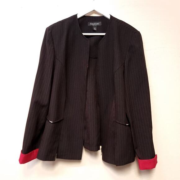 Perceptions Zip Blazer Womens Size 14 Black Red Suit Top Jacket Pin Stripe Suit - Picture 5 of 12